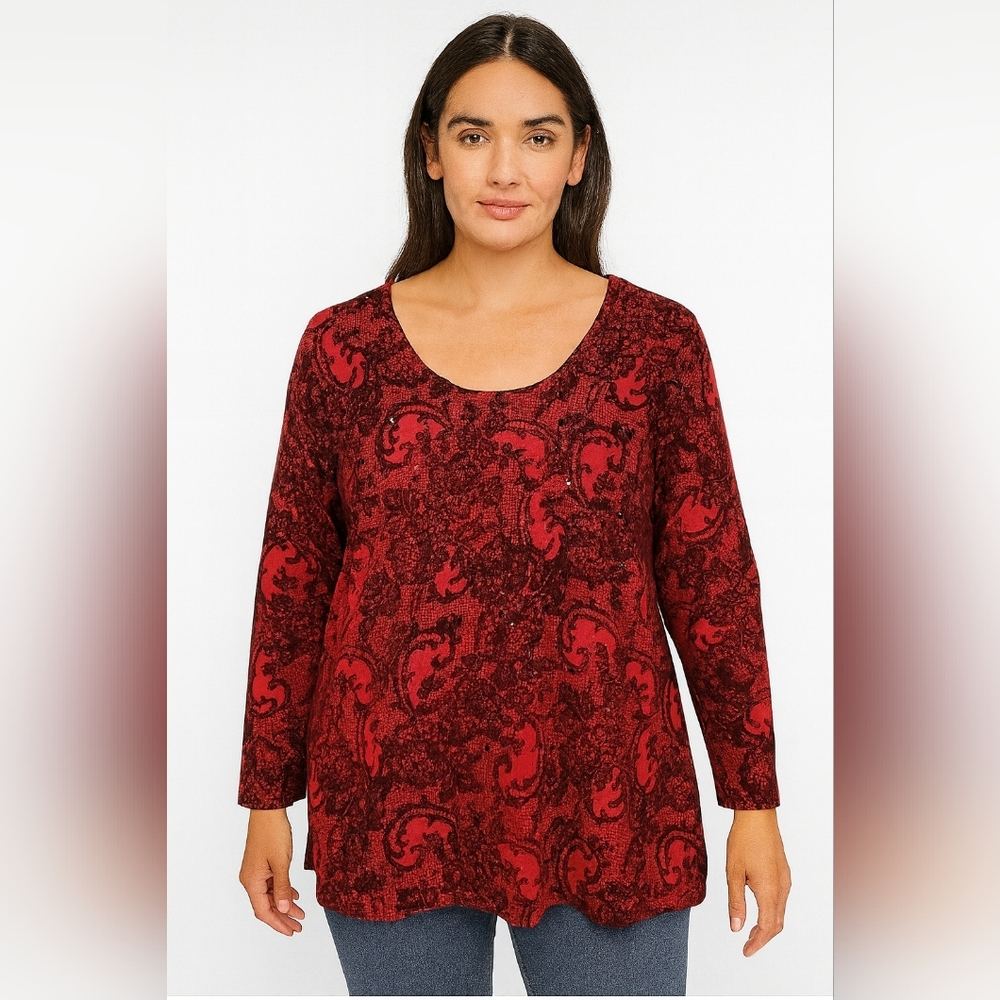 Choices Elegant Red‎ Paisley Women's Top Plus 3X Dark Romantic Mobwife Sequin